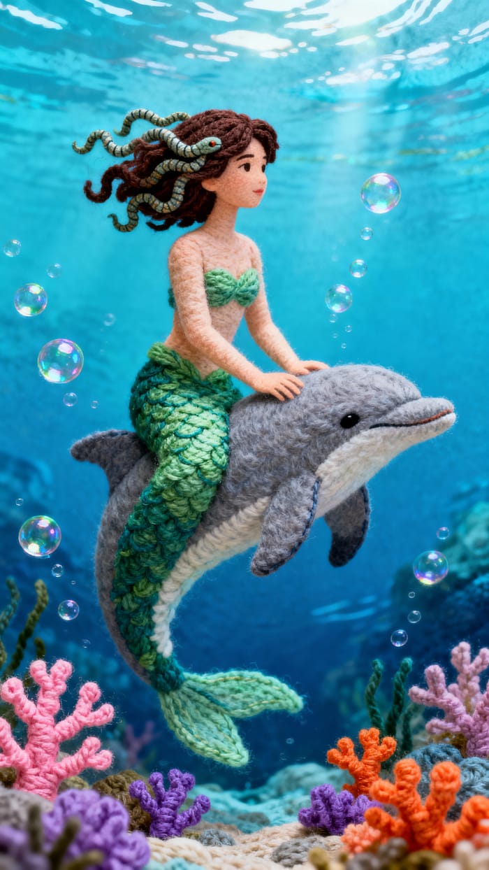 Majestic Mermaid Wool Art - Enchanting Seascape Majestic Mermaid Wool Art - Enchanting Seascape