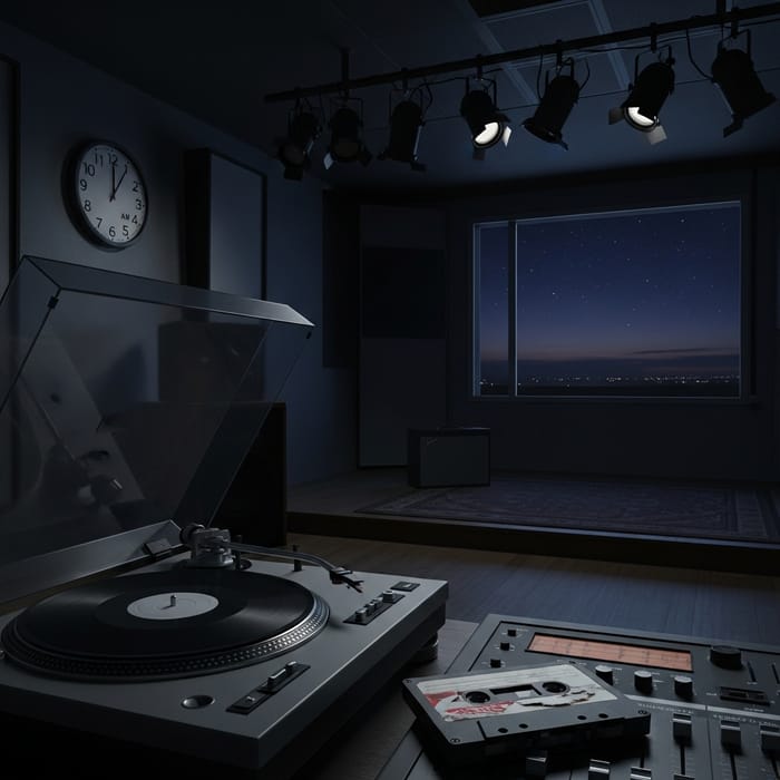 Silent Turntable with Broken Label in the Night