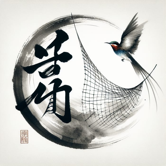 Chinese Character for Clarity - Minimalist Ink Painting with Symbolic Bird