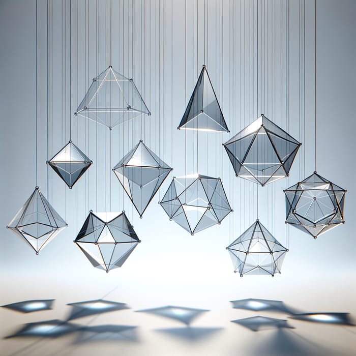 Geometric Glass Sculpture Installation: Suspended Tetrahedron, Hexahedron, Octahedron, Icosahedron & Dodecahedron