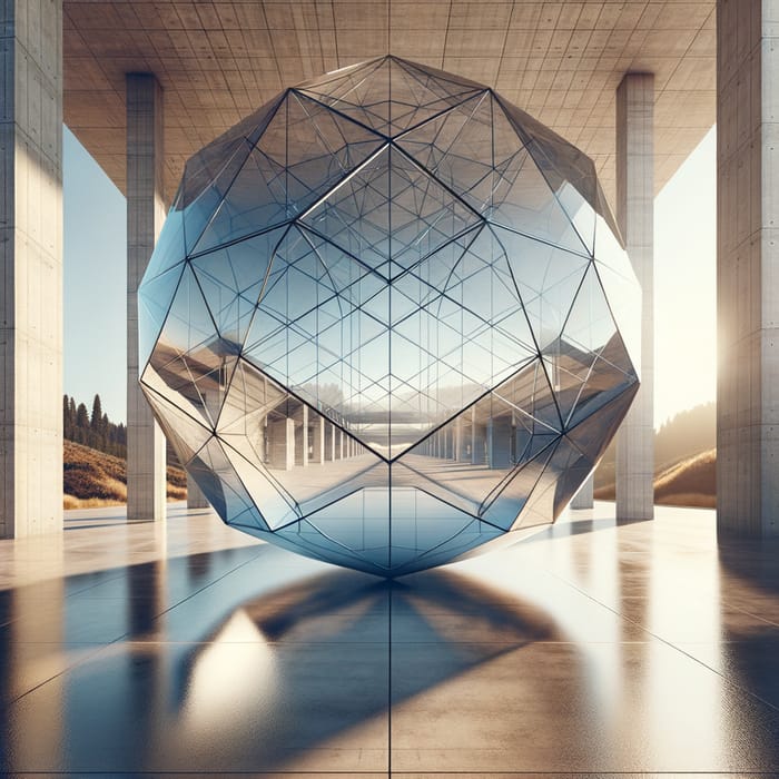 Futuristic Glass Icosahedron Reflecting Landscape