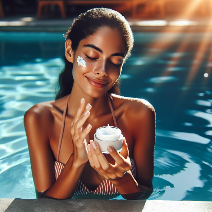 Woman Applying Facial Hydrating Cream in Bikini by the Pool