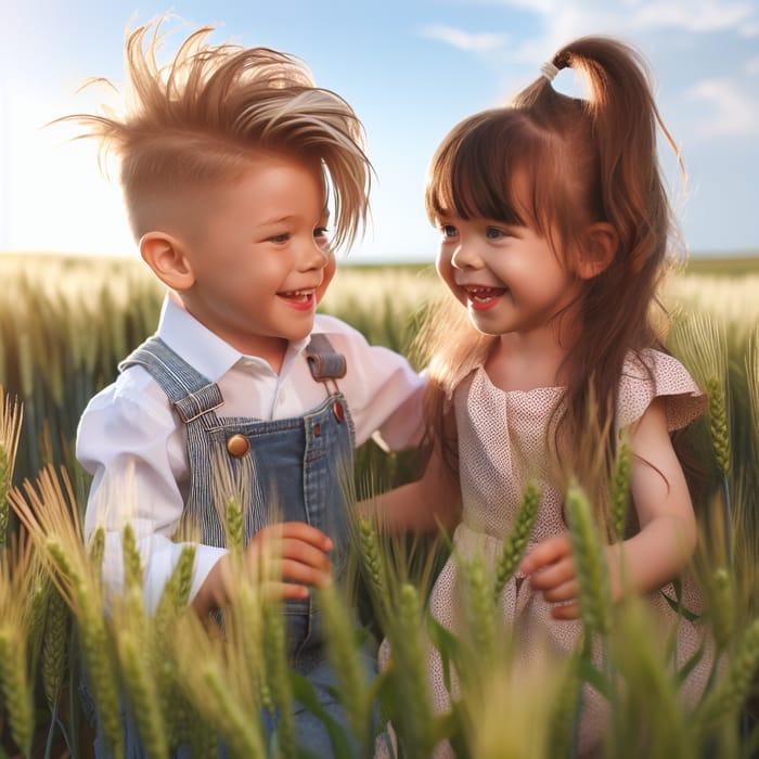 Innocent Boy and High Ponytail First Love Soaring in Wheat Field