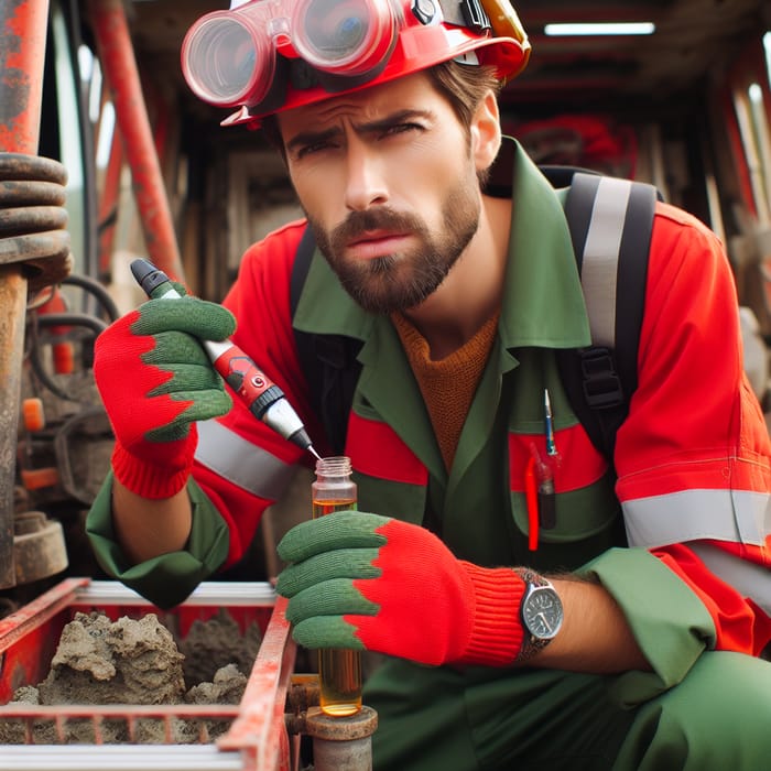 Geologist Working in Red-Green Attire