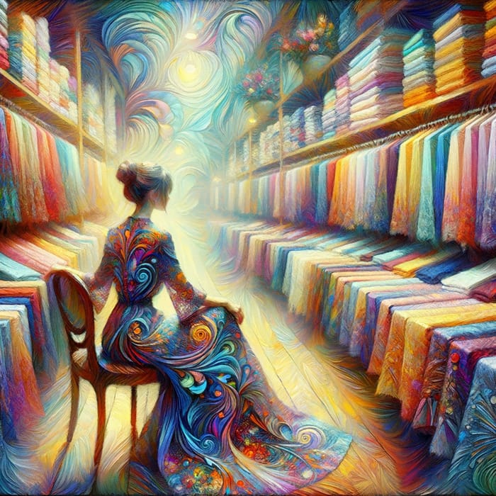 Lady in Fabric Store: Soft & Vibrant Impressionism Fantasy