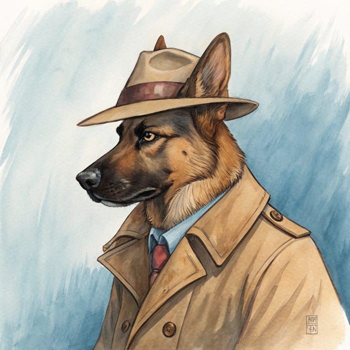 Watercolor Detective Dog Portrait - German Shepherd