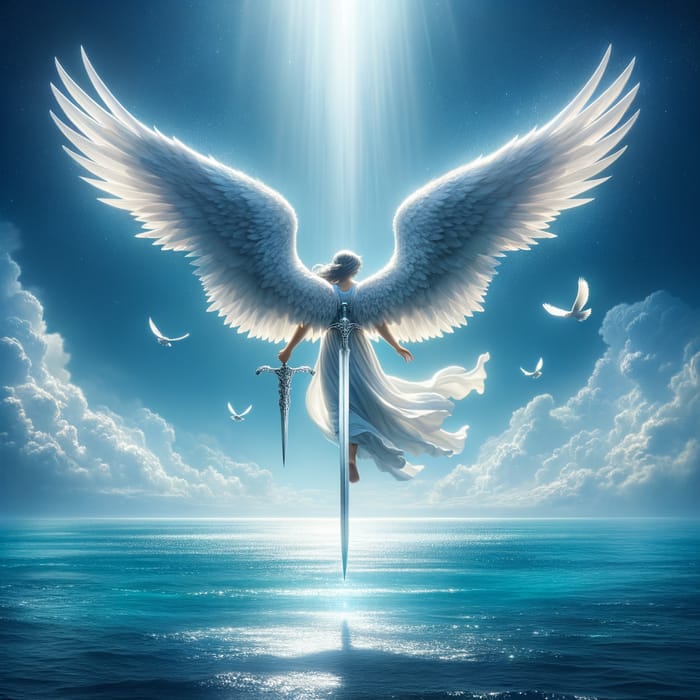 Ethereal Angel with Silver Sword and White Wings Over Cerulean Sea