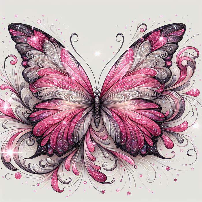 Pink Glitter Butterfly Design with Nature Elements