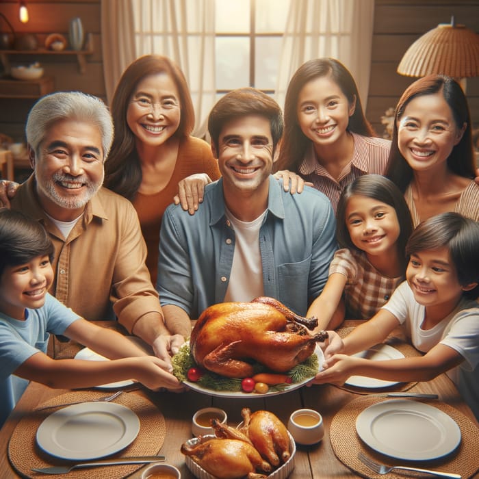 Joyful Filipino Family Enjoys Roasted Chicken Together