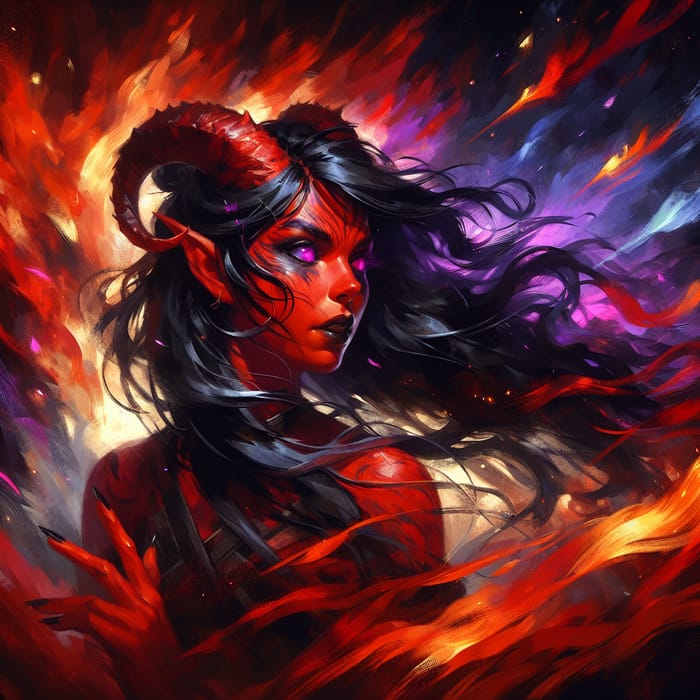 Hispanic Female Tiefling Barbarian: Vibrant Fiery Battle Art