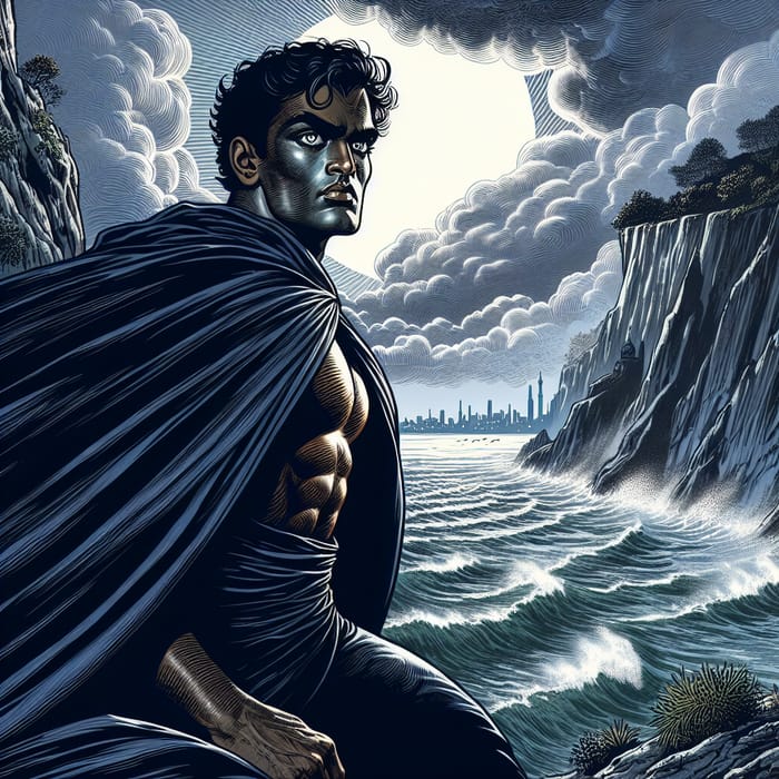 Heroic South Asian Figure Facing Stormy Sea