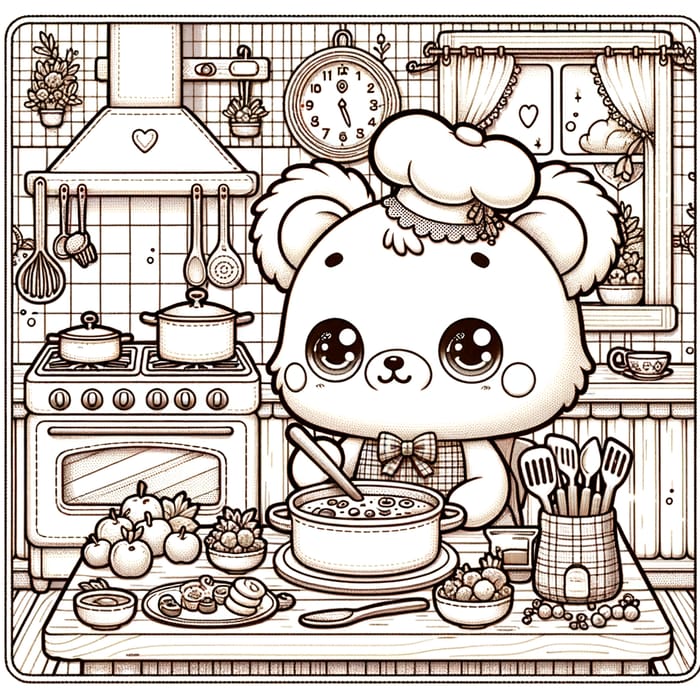 Sweet Bear Cooking in Cozy Kitchen Coloring Book