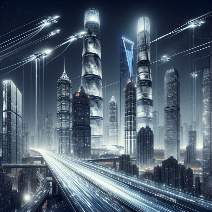 Futuristic Cityscape at Night: Skyscrapers, Flying Cars & Starlit Windows