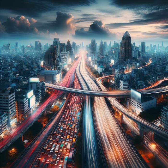 Vibrant Urban Street Photography of Congested Cityscape with Light Trails