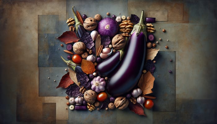 Eggplants with Garlic and Walnuts: Abstract Still Life