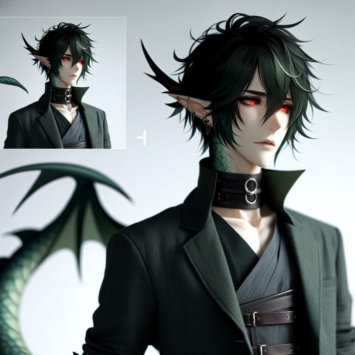 Dark Green Hair Male with Pointy Ears, Red Eyes and Dragon Tail