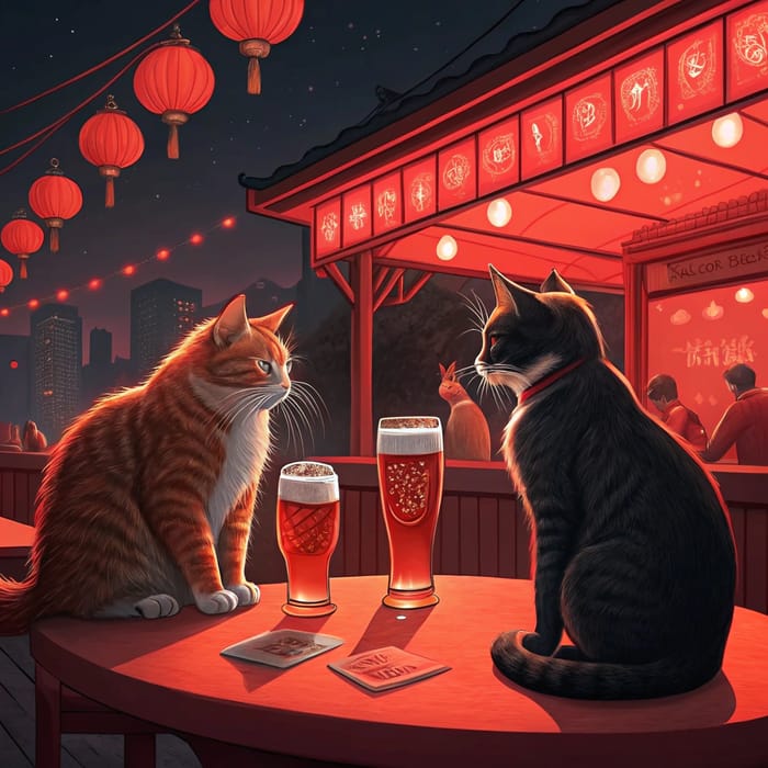 Two Cats Enjoying Beers at a Cozy Bar