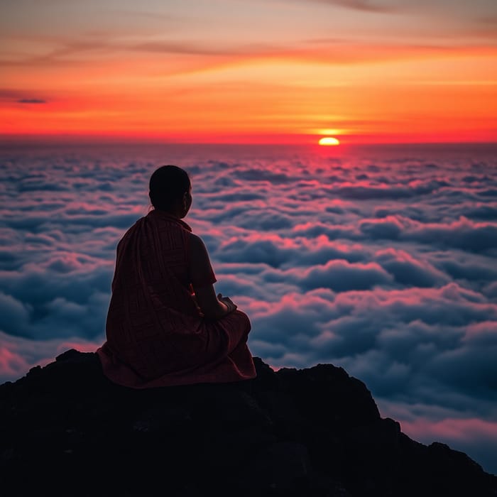 Samurai Watching Sunset Above the Clouds