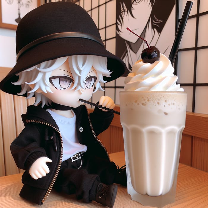 Anime Character with White Hair in Stylish Black Outfit Enjoying Milkshake