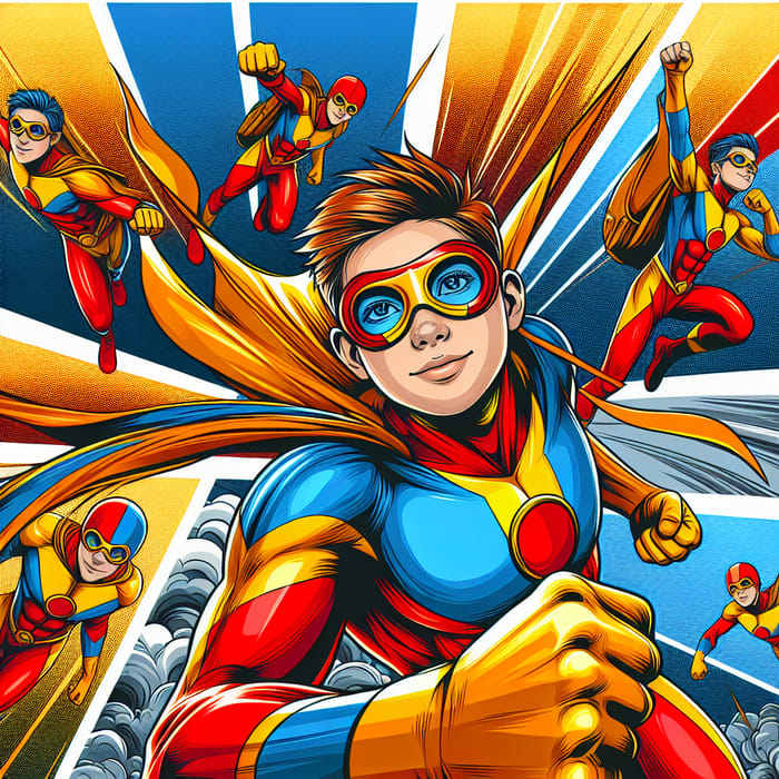 Vibrant Superhero Boy in Action Poses | Bold Digital Art