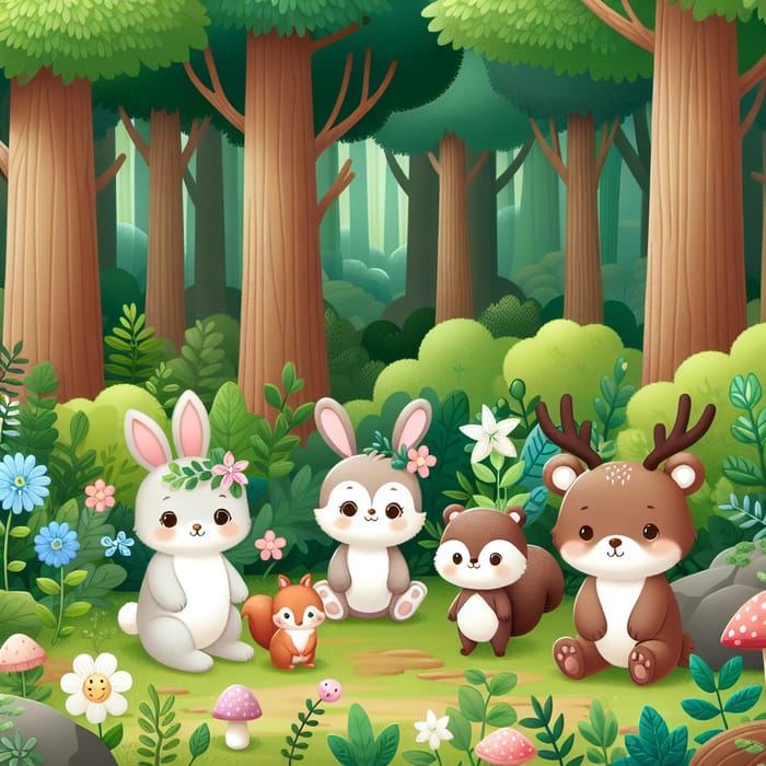 Enchanting Forest Wildlife - Adorable Rabbit, Bear, Squirrel, Deer