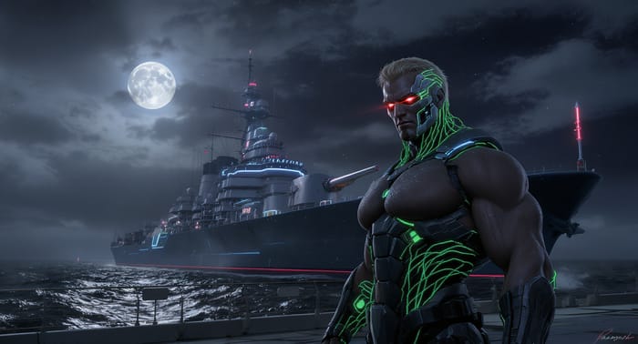 Cybernetic Admiral on Futuristic Battleship