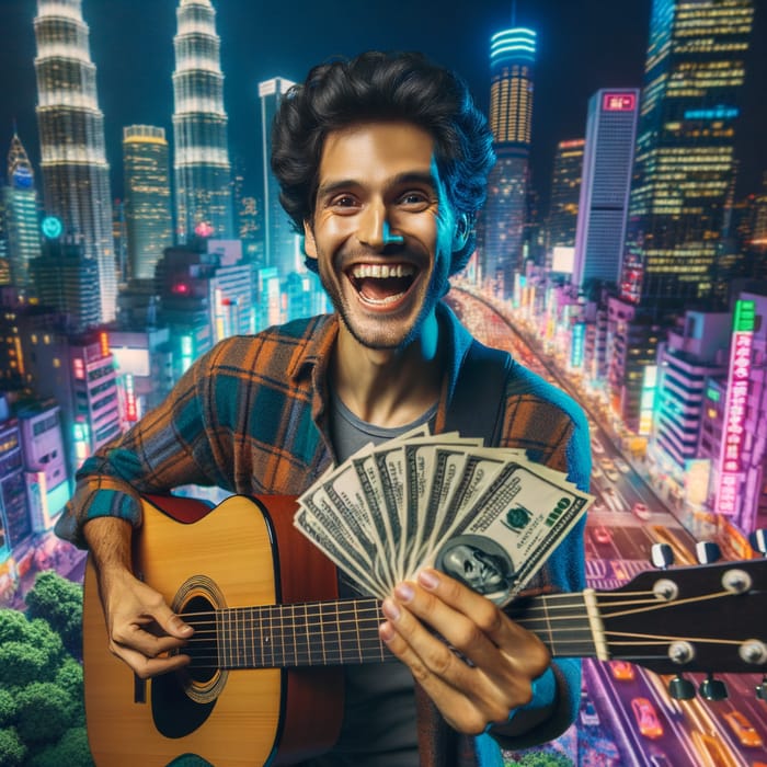 Happy Guitarist Celebrates Success in City Night Scene Happy Guitarist Celebrates Success in City Night Scene