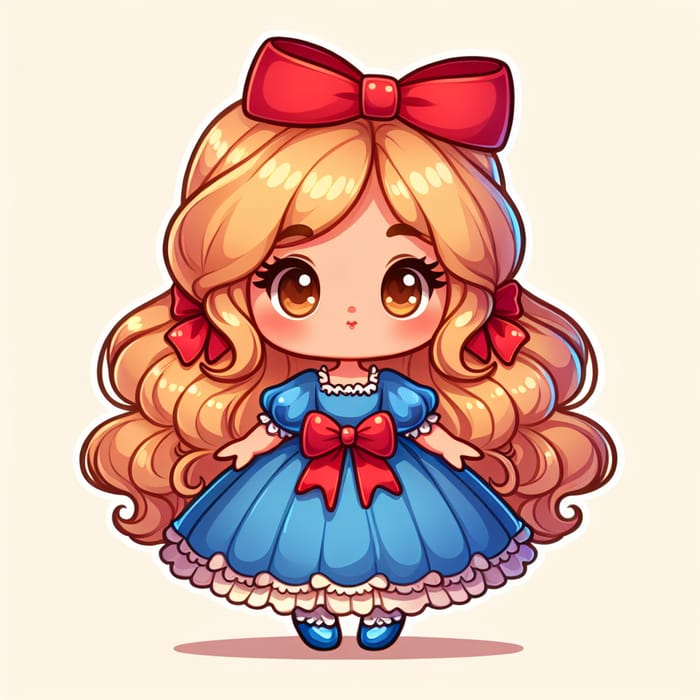 Cute European Girl with Golden Hair and Red Bow in Blue Poufy Skirt - Cartoon Style