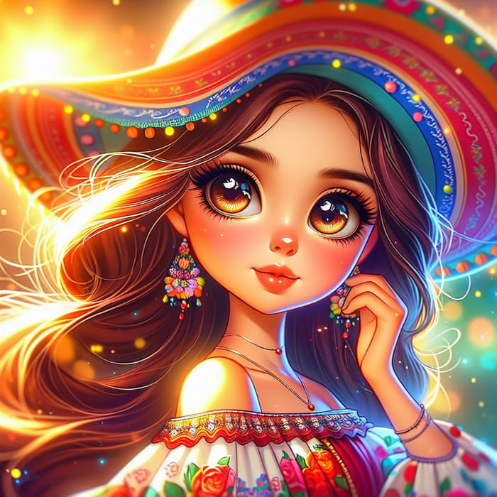 Charming Young Hispanic Girl in Traditional Dress | Joyful Cartoon Artistry