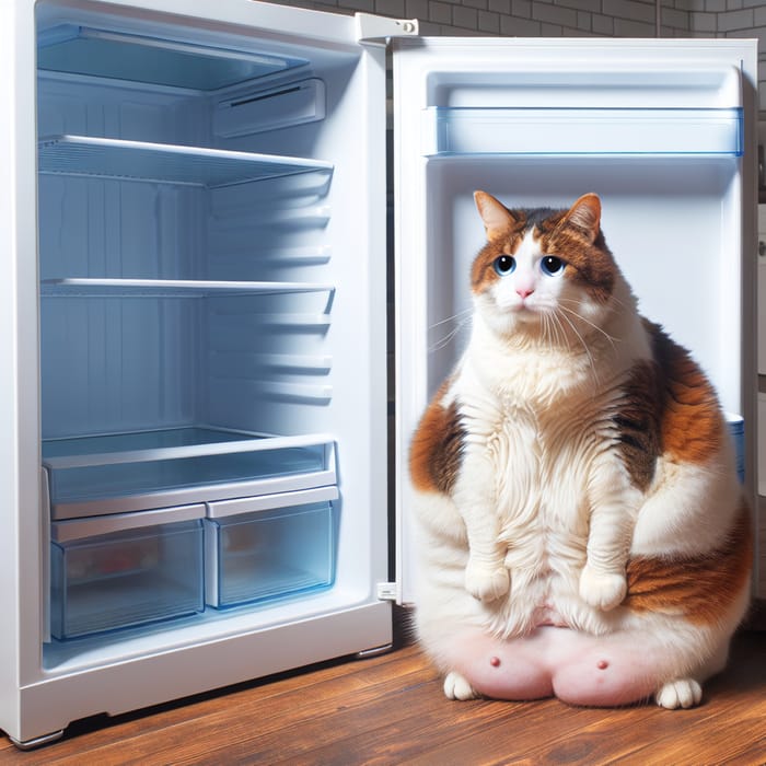 Fat White-Brown Cat Crying at Open Empty Refrigerator | Emotional Scene