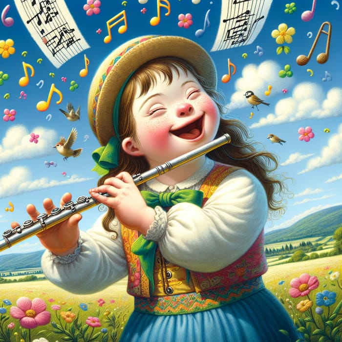 Joyful Girl with Down Syndrome Playing Flute - Whimsical Illustration