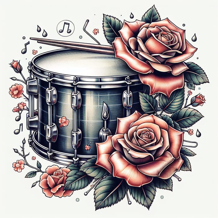 Drum Snare and Roses Tattoo | Detailed Musical Nature Design