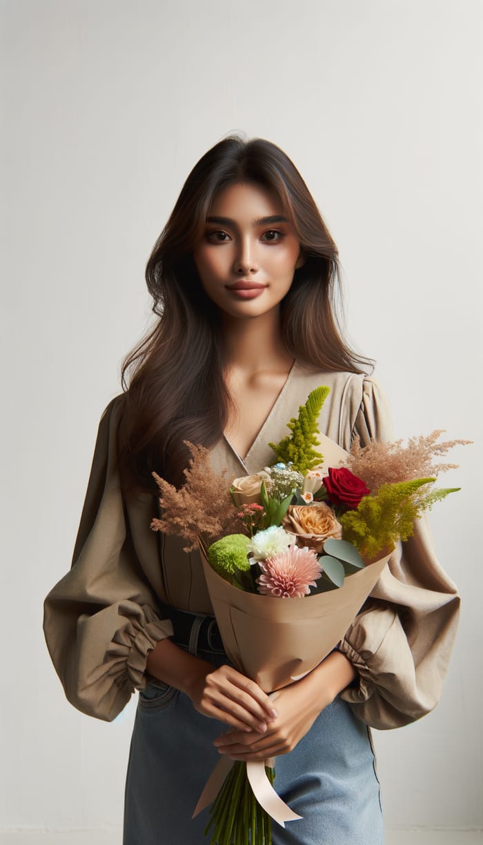 South Asian Woman Holding Bouquet of Flowers | White Background