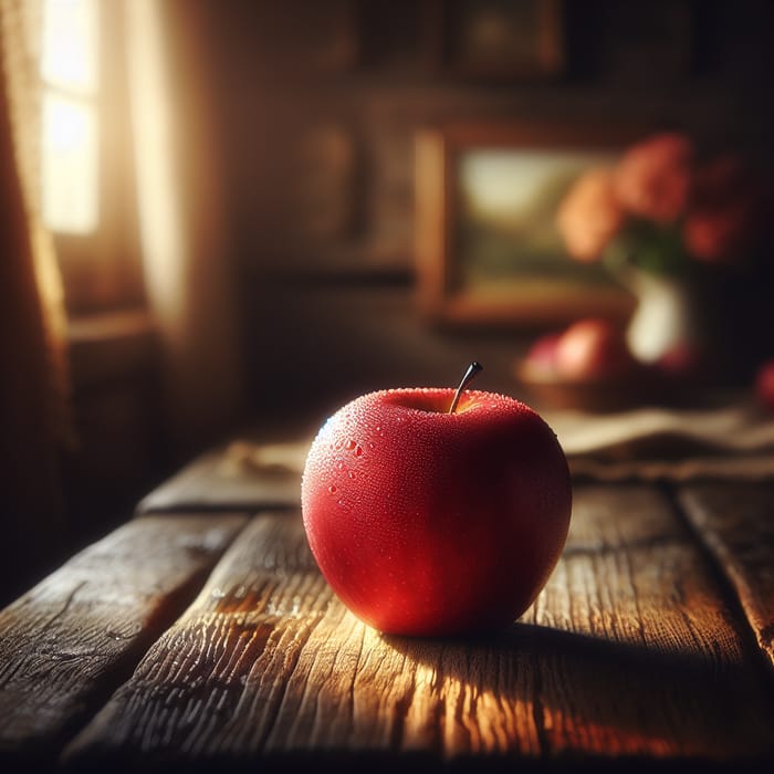 Fresh Ripe Red Apple on Rustic Wooden Table