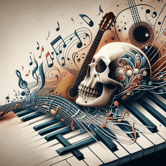 Musical Harmony: Notes, Piano, Guitar & Skull Art