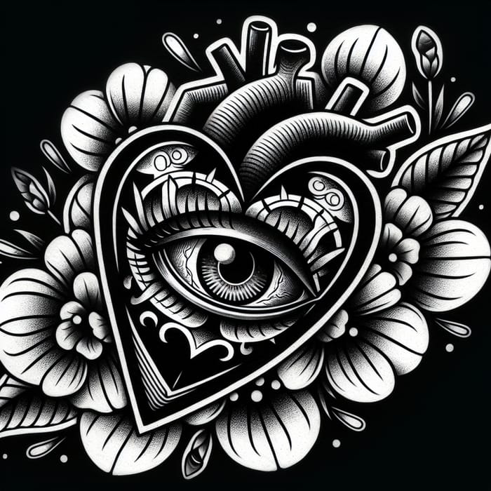 Neo-Traditional Heart with Eye in Black Ink Tattoo