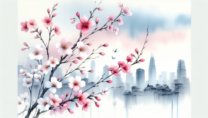 Japanese Cherry Blossom Watercolor Art