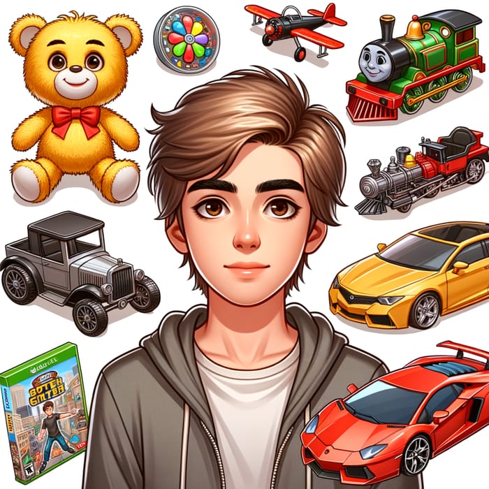 Teenage Boy with Brown Hair Surrounded by Toys - Fun and Games Galore!