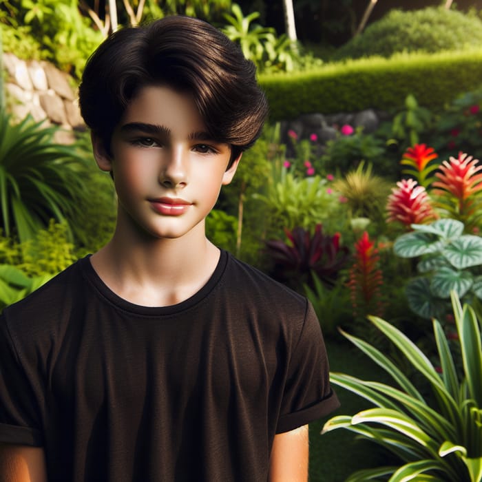 Boy with Beautiful Black Hair in Garden | Stylish Black T-shirt