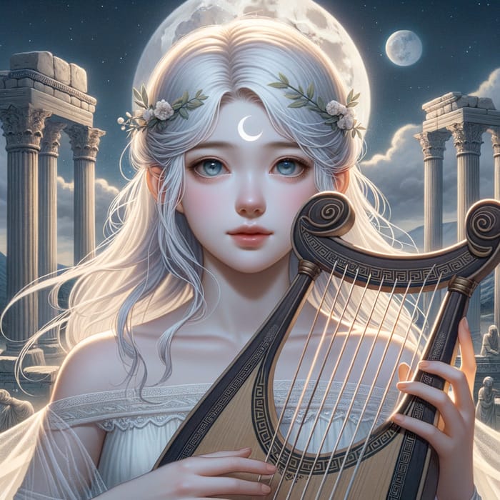 Serene Moment: Young Woman Playing Greek Lyre Under Moonlight