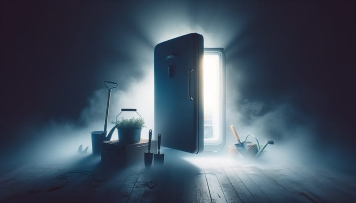 Eerie Refrigerator in Fog: A Surreal Garden Scene