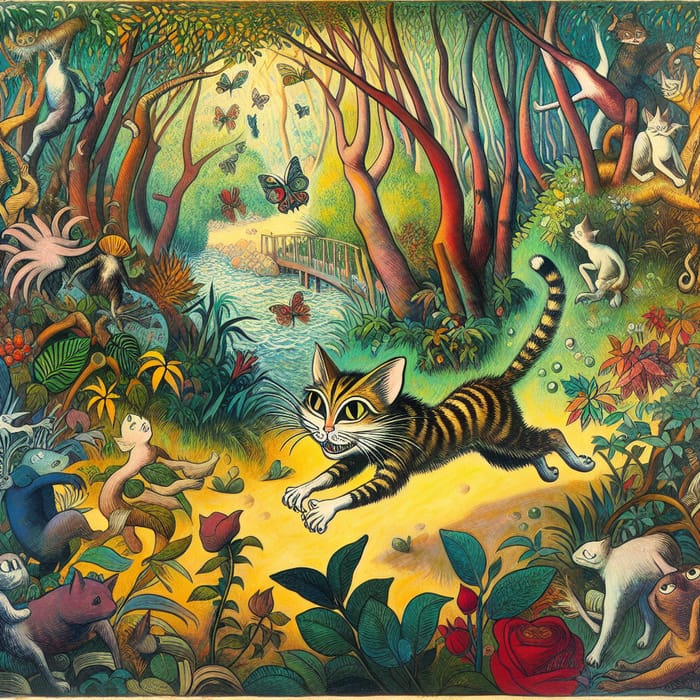 Colorful Cat Leaping in Whimsical Nature Scene - Inspired by Henri Rousseau