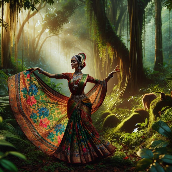 Graceful South Asian Woman Dancing in Enchanting Forest