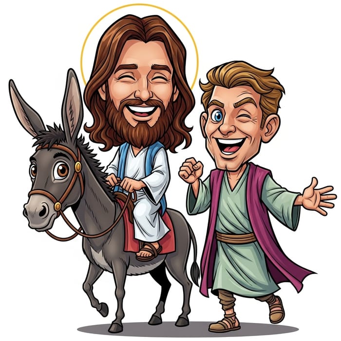 Whimsical Caricature of Jesus on a Donkey Whimsical Caricature of Jesus on a Donkey