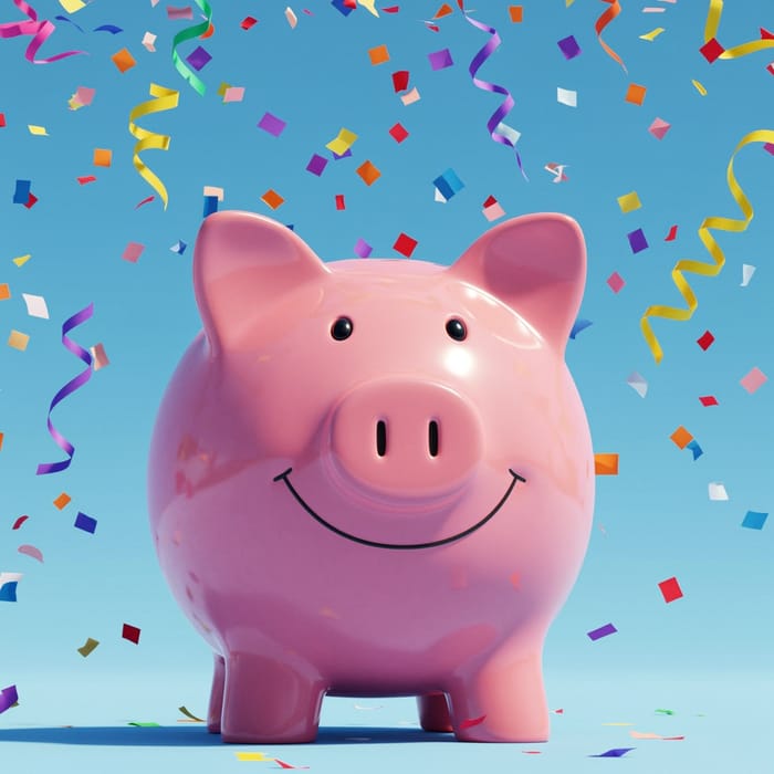 Smiling Piggy Bank with Confetti | Joyful Savings