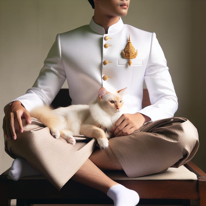 Thai Royal Attire: Man in White with Cat in Lap