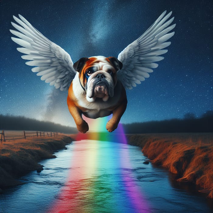 Magical Flying Bulldog with Rainbow at Night