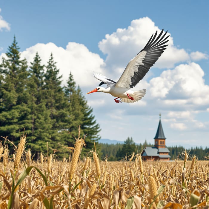 Stunning Flying Stork Over Cornfields and Forest Stunning Flying Stork Over Cornfields and Forest