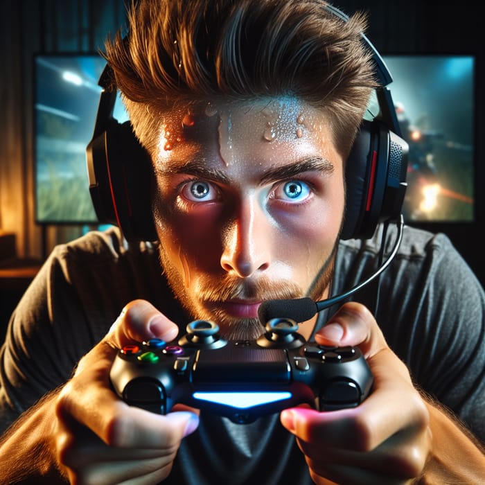 Intense Gamer Exudes Concentration | Professional Gaming Setup