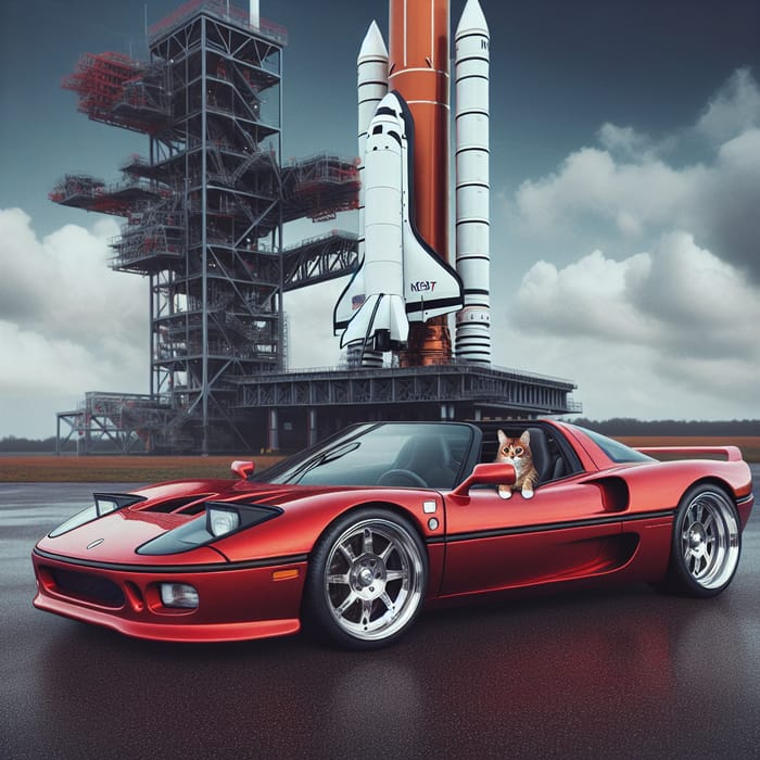 Sporty Red Car with Aluminum Wheels by Rocket Launch Pad